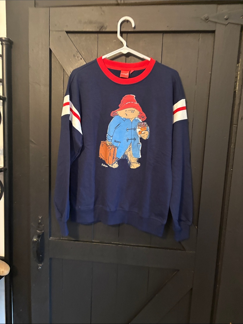 Navy Paddington Bear Graphic Sweatshirt with Red Trim and Sleeve Stripes